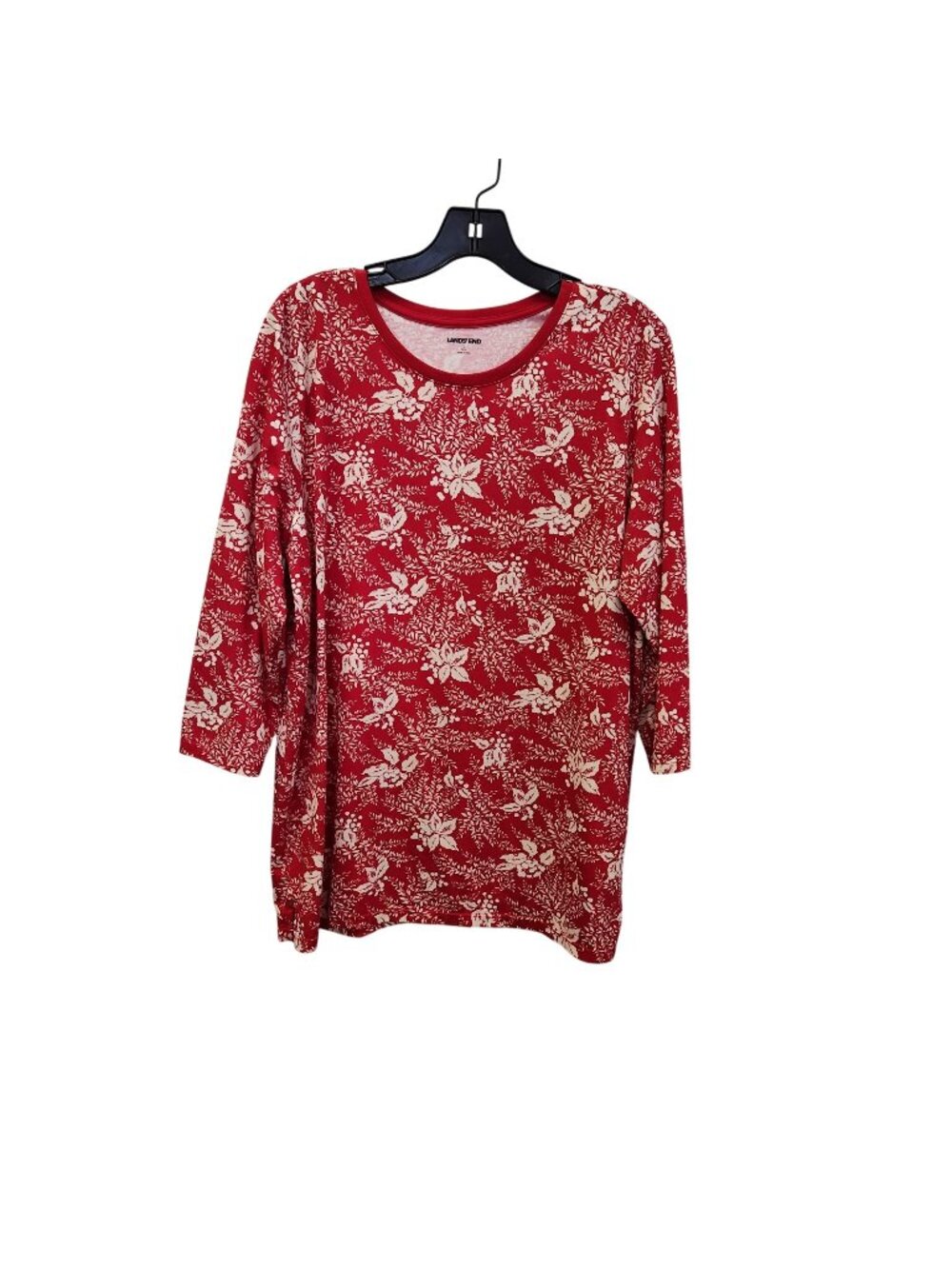 Lands End Womens L 14/16 Red Floral 3/4 Sleeve Cotton Tunic Top 3704